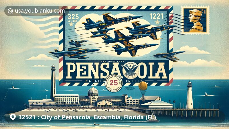 Modern illustration of Pensacola, Florida, showcasing ZIP Code 32521, featuring Naval Air Station with Blue Angels flight team, Pensacola Beach, and vintage postcard design.