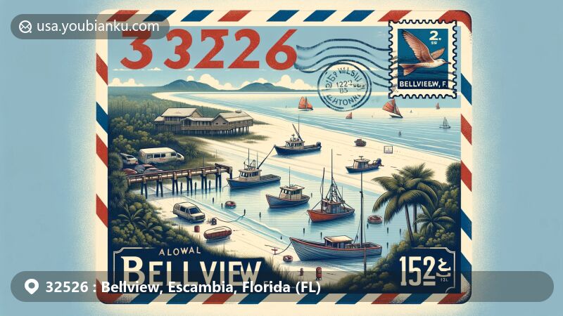 Creative illustration of 32526 Bellview, FL, with airmail envelope featuring Gulf Island National Seashore beach scene, fishing boats, postage stamp, and postmark.