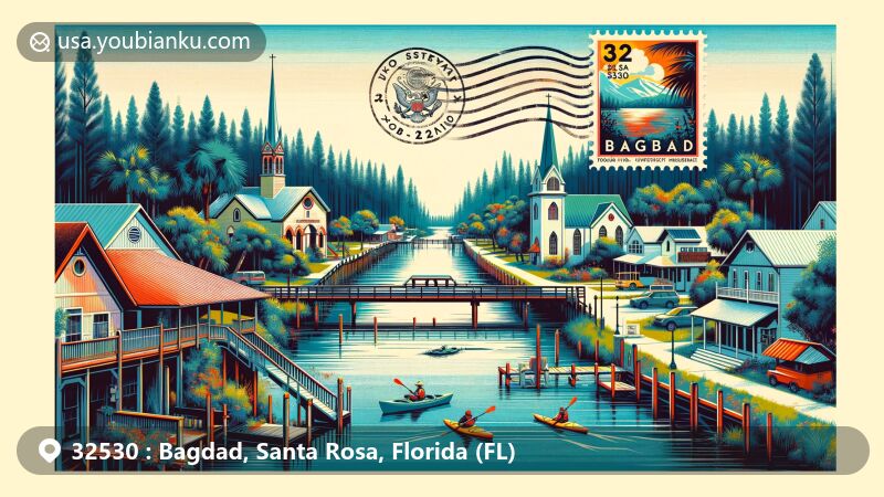 Modern illustration of Bagdad, Florida, showcasing postal theme with ZIP code 32530, featuring historical lumber industry heritage, Creary and Thompson Houses, Bagdad United Methodist Church, scenic Blackwater River, kayaking, and local parks.