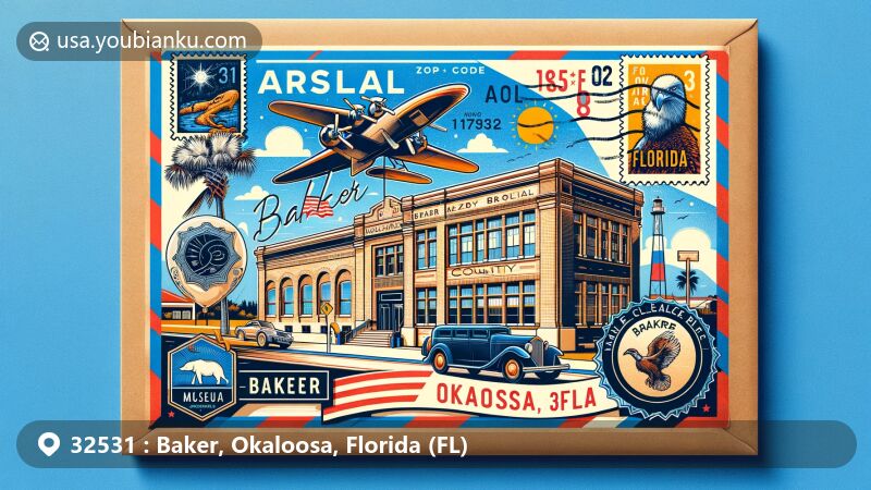 Modern illustration of Baker, Okaloosa, Florida, showcasing postal theme with ZIP code 32531, featuring Baker Block Museum, Florida state symbols, and vintage postage stamps.