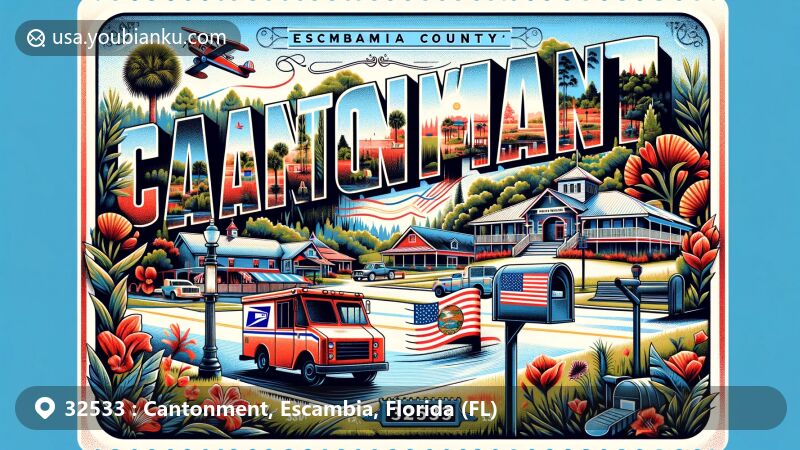 Modern illustration of Cantonment, Escambia County, Florida, with postal theme and ZIP code 32533, featuring scenic beauty, landmarks, and postal elements.