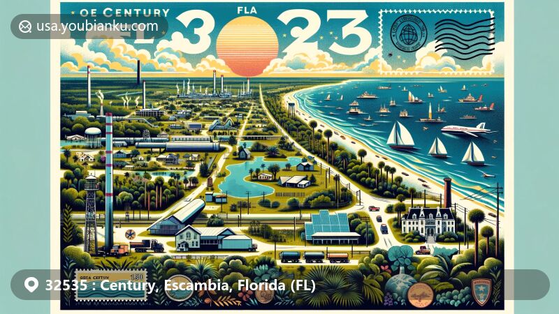 Modern illustration of Century, Florida, showcasing postal theme with ZIP code 32535, featuring natural resources and economic activities like timber, pulpwood, sand mining, gravel extraction, and oil discovery. Includes symbols of humid subtropical climate, sun, and greenery.