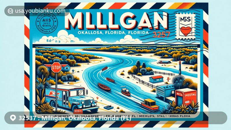 Modern illustration of Milligan, Okaloosa County, Florida, featuring postal elements and geographic coordinates (30°45′09″N 86°38′27″W), emphasizing Yellow River and Milligan Park with boat access and picnic areas.