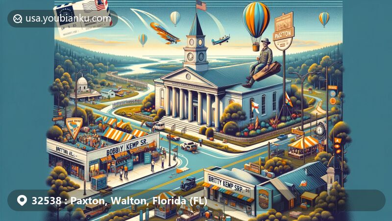 Modern illustration of Paxton, Florida, Walton County, showcasing Britton Hill, Bobby Kemp Sr. Heritage Festival, and ZIP code 32538. Aerial view with postal elements and community spirit.