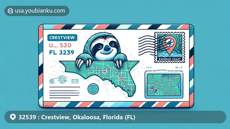 Modern illustration of Crestview, FL 32539 airmail envelope with sloth stamp, showcasing Emerald Coast Zoo connection and Hub City nickname.