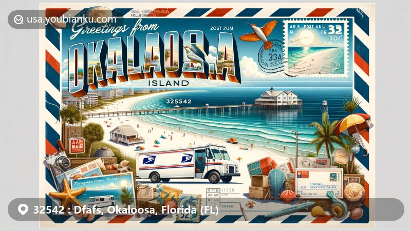 Modern illustration of Okaloosa Island, Florida, emphasizing postcard theme with ZIP code 32542, showcasing clear waters, white sands, palm trees, Gulfarium Marine Adventure Park, and Florida state flag stamp.