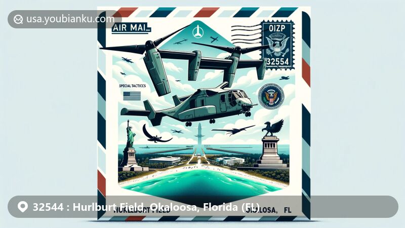 Modern illustration of Hurlburt Field area in Okaloosa County, Florida, with air mail envelope bearing ZIP code 32544, featuring CV-22 Osprey aircraft flying over emerald coastline, Okaloosa Armed Forces Memorial, Special Tactics Memorial, and A-37 'Dragonfly' Memorial.