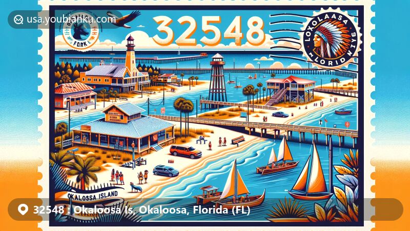 Modern illustration of Okaloosa Island, Okaloosa County, Florida, highlighting ZIP code 32548, featuring white sandy beaches, John C. Beasley Park, Wild Willy’s Adventure Zone, Indian Temple Mound and Museum, postcard layout, stylized stamp with pier, postal marks, palm trees, and ocean elements.
