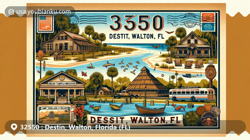 Modern illustration of Destin, Walton County, Florida, featuring Destin History & Fishing Museum, Indian Temple Mound Museum, Camp Walton Schoolhouse Museum, and Garnier Post Office Museum, highlighting fishing heritage, Native American history, educational history, and postal history.