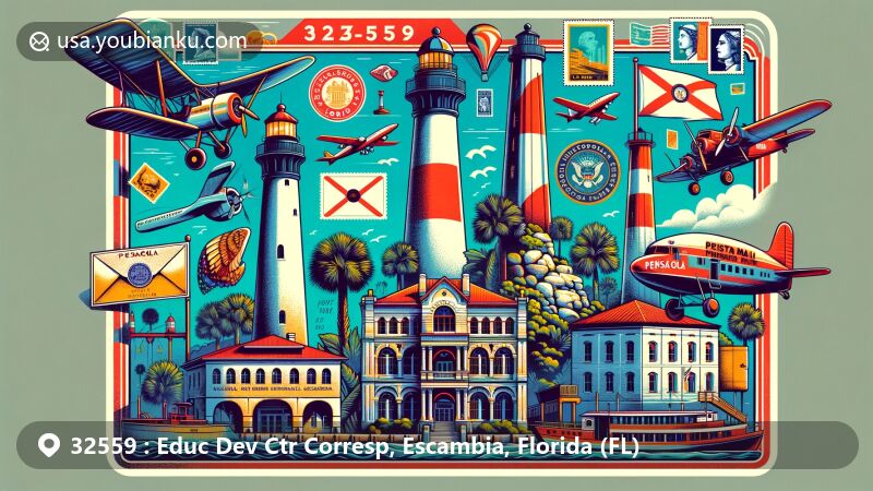 Modern illustration of Pensacola, Florida area with iconic landmarks like Pensacola Lighthouse, Historic Pensacola, and Fort Barrancas. Features postal elements including vintage airmail envelope, stamps, and '32559' postmark.