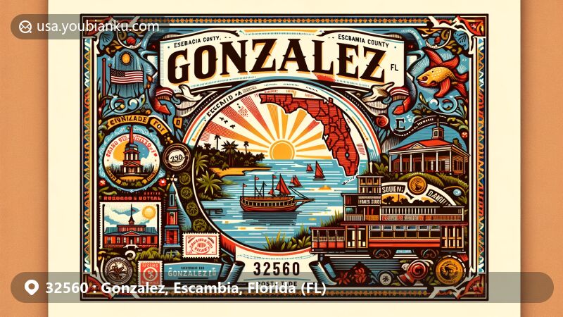 Modern illustration of the Gonzalez area in Florida, showcasing postal theme with ZIP code 32560, highlighting geographical features, historical significance, and local natural beauty.