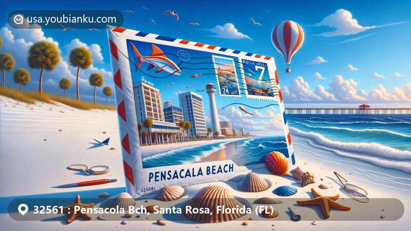 Modern illustration of Pensacola Beach, Santa Rosa County, Florida, combining scenic beauty with postal elements, showcasing airmail envelope on white sand beach with iconic landmarks and ZIP code 32561.