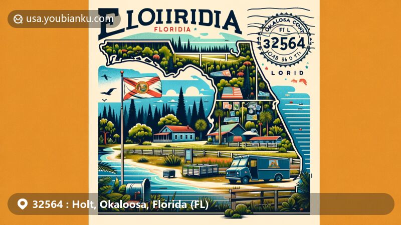 Modern illustration of Holt, Okaloosa County, Florida, featuring rural life and natural beauty, with forests, fields, lakes, Florida state flag, and Okaloosa County map outline.