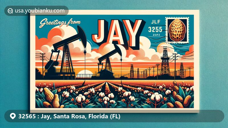 Artistic depiction of Jay, Florida's ZIP Code 32565 area, blending agricultural legacy with oil production, showcasing vibrant cotton and peanut fields, and silhouettes of oil derricks. Includes a banner 'Greetings from Jay, FL - ZIP Code 32565' and a postage stamp with a peanut icon.