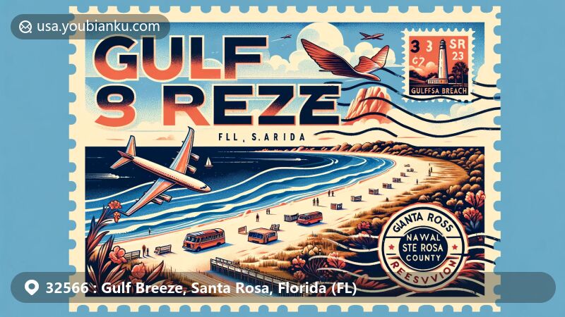 Modern illustration of Gulf Breeze, Florida, with 32566 postal code, showcasing Pensacola Beach and Naval Live Oaks Reservation, blending natural beauty with postal design elements.
