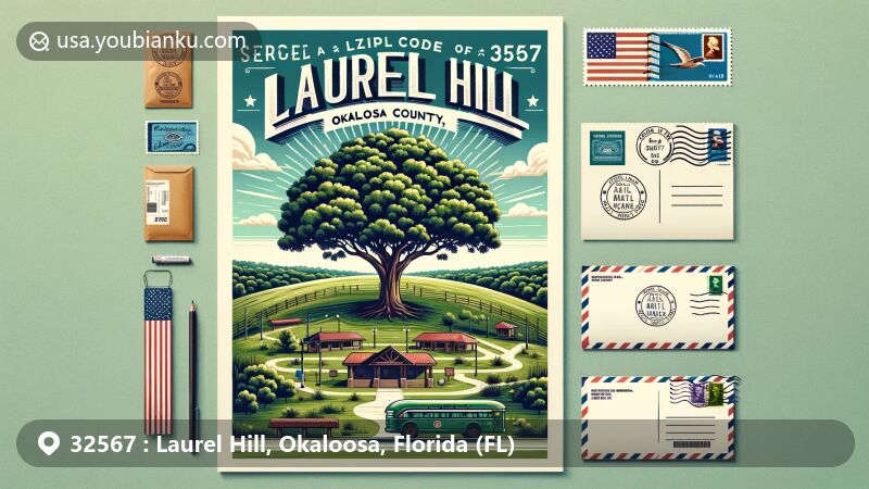 Modern illustration of Laurel Hill, Okaloosa County, Florida, highlighting lush greenery, rural character, and community spirit, featuring Laurel Hill Park, Hobo Festival, Florida state flag, Okaloosa County outline, and postal theme with ZIP code 32567.