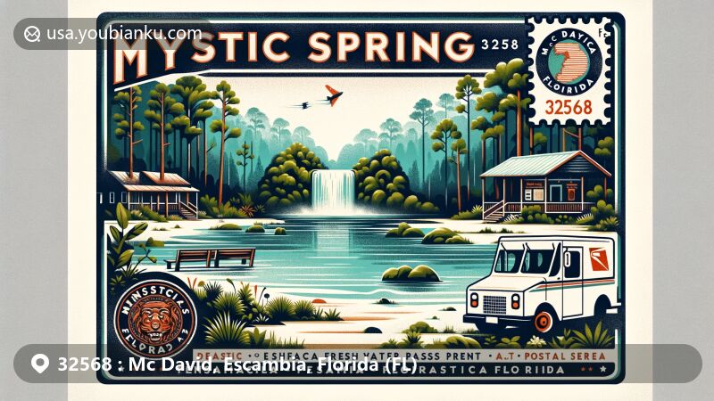Modern illustration of McDavid, Florida, showcasing postal theme with ZIP code 32568, featuring Mystic Springs off the Escambia River and local postal heritage.