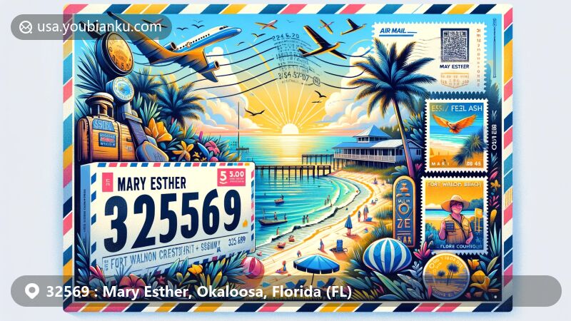 Modern illustration of Mary Esther, Florida, highlighting postal theme with ZIP code 32569, featuring beach scenery, air mail envelope, postage stamps, and symbols of local landmarks and outdoor activities.