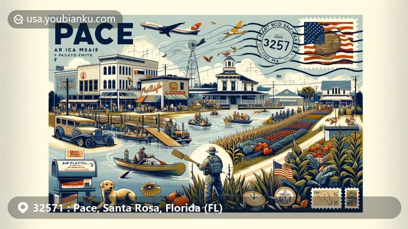 Modern illustration of Pace, Florida, highlighting ZIP code 32571, featuring local farmers' market, Pensacola proximity, Florida state flag, and outdoor recreation in Western Florida Panhandle.