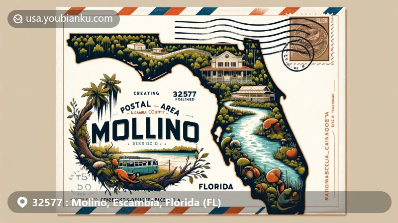Modern illustration of Molino, Escambia County, Florida, showcasing postal theme with ZIP code 32577, integrating map outline, Pensacola Bay, local flora, and vintage postmark.