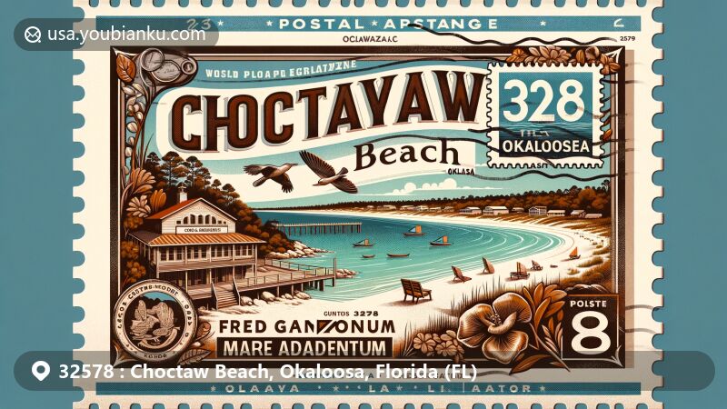 Modern illustration of Choctaw Beach, Okaloosa County, Florida, featuring Okaloosa Island's emerald green waters and white sand beaches, Choctawhatchee Bay, and Fred Gannon Rocky Bayou State Park, with Gulfarium Marine Adventure Park highlights.