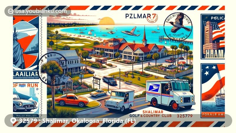 Modern illustration of Shalimar, Okaloosa County, Florida, featuring ZIP code 32579, showcasing Shalimar Pointe Golf and Country Club, Air Force Armament Museum, classic postal scene, Turkey Creek Nature Trail, Okaloosa Island beaches, and postal motifs.