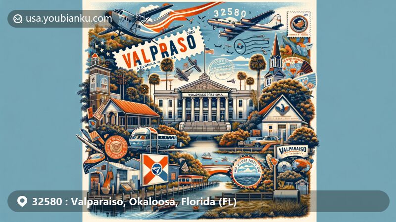 Modern illustration of Valparaiso, Florida, celebrating ZIP code 32580, featuring Heritage Museum of Northwest Florida, parks, boating, hiking, and postal elements with Florida state flag stamp and 32580 Valparaiso, FL postal mark.