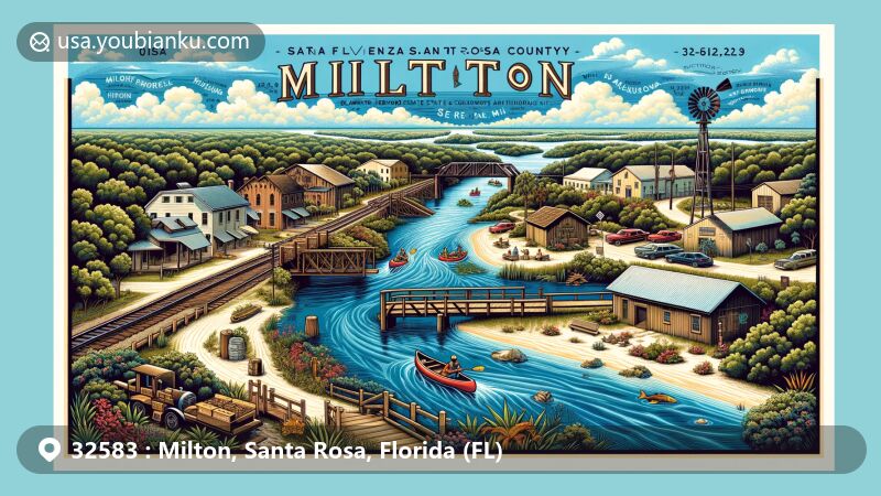 Modern illustration of ZIP Code 32583 area in Milton, Santa Rosa County, Florida, showcasing Blackwater River, historic landmarks like West Florida Railroad Museum and Arcadia Mill Archaeological Site, and outdoor recreational activities amidst a scenic landscape.