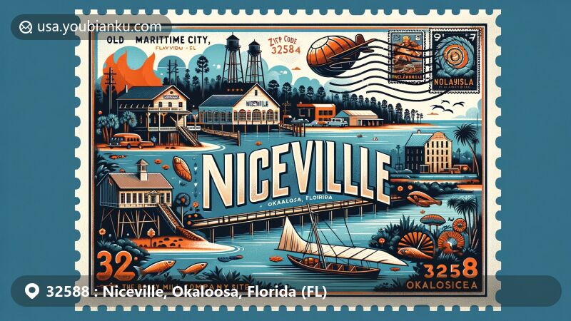 Modern illustration of Niceville, Okaloosa County, Florida, featuring iconic landmarks such as the Old Maritime City, Boggy Mill Company Site, and the Niceville Fire of 1934, set against the backdrop of the coastal and timber-rich environment. Includes elements of a vintage air mail envelope, with stylized stamps of Niceville Fish Company and Choctawhatchee Bay, and postal marks reflecting history and geography.