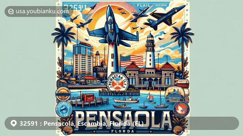 Modern illustration of Pensacola, Escambia, Florida with ZIP code 32591, featuring Naval Air Station, Blue Angels, and Pensacola Lighthouse, incorporating state symbols and scenic elements like palm trees and Gulf of Mexico sunset.