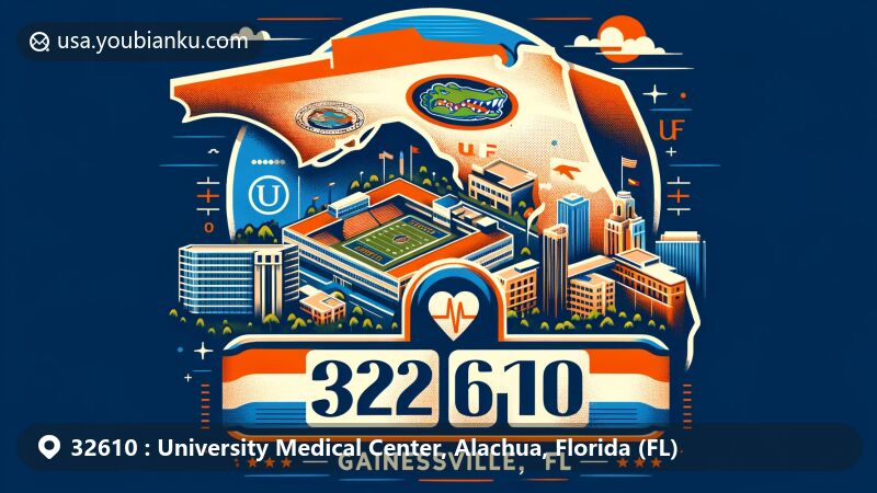 Modern illustration of Gainesville, Florida, highlighting ZIP code 32610 and the University of Florida's significance, featuring hospitals and health science centers, incorporating the Florida state flag and a postal theme.