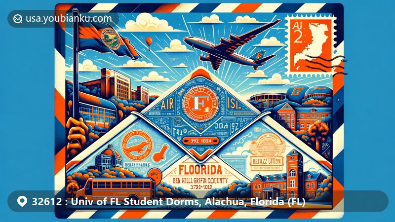 Vivid depiction of ZIP code 32612, showcasing University of Florida Student Dorms area in Alachua County, Florida, featuring air mail-style envelope with Florida state flag, Ben Hill Griffin Stadium, Reitz Union, and postal elements.