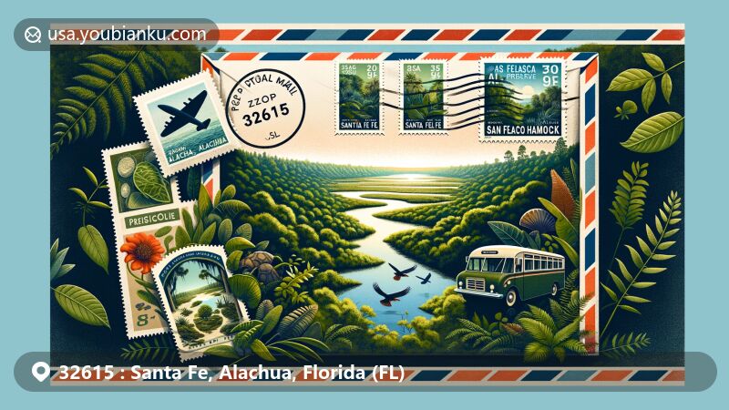 Modern illustration of Santa Fe, Alachua, Florida, highlighting San Felasco Hammock Preserve State Park's lush greenery and biodiversity, integrated with vintage air mail theme, featuring local flora and fauna stamps.