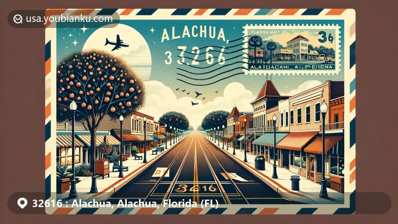 Modern illustration of Historic Main Street in Alachua, Florida, with ZIP code 32616, featuring Bradford pear trees and classic lampposts, capturing the inviting atmosphere for exploration.