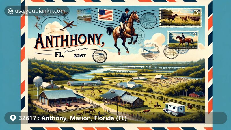 Modern illustration of Anthony, FL 32617, showcasing equestrian culture with postcard and air mail envelope design, featuring horse farms, equestrian events, and Ocala's landscapes.