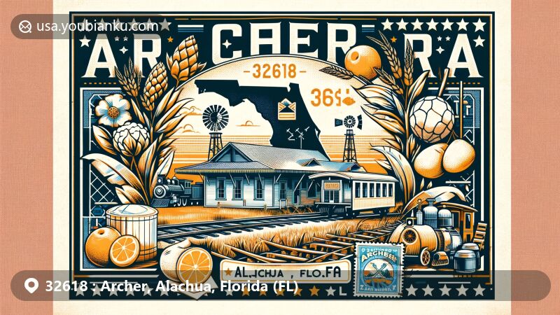 Modern illustration of Archer, Florida, featuring ZIP code 32618, highlighting local culture and geography through a vintage postcard design with postal elements and the Archer Railroad Museum.