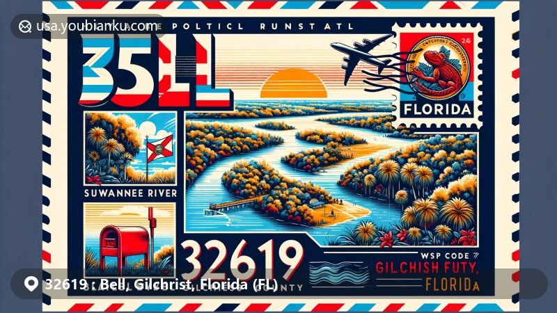 Modern illustration of Bell, Gilchrist County, Florida, showcasing postal theme with ZIP code 32619, featuring Suwannee River, Santa Fe River, Florida state flag, and a detailed outline of Gilchrist County.