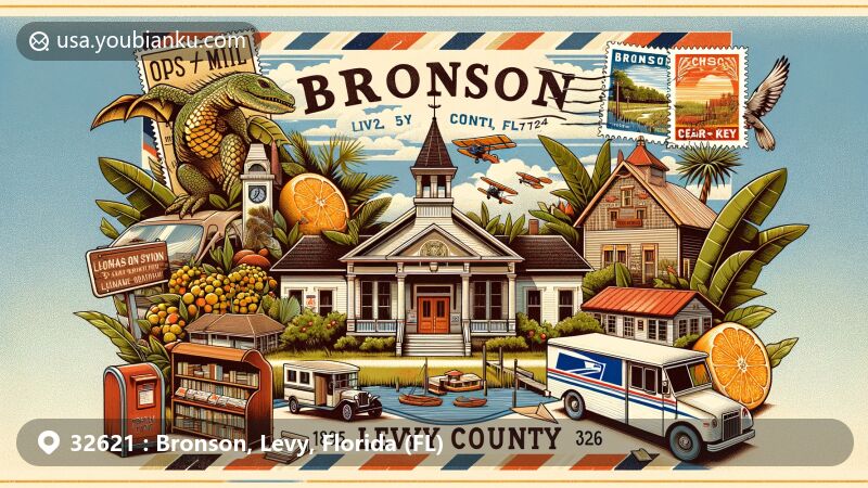 Modern illustration of Bronson, Levy County, Florida, featuring 32621 ZIP code, blending rustic charm of crossroads town with logging industry and citrus groves, along with Cedar Key's coastal fishing village vibe. Includes Bronson Public Library and vintage postal elements.