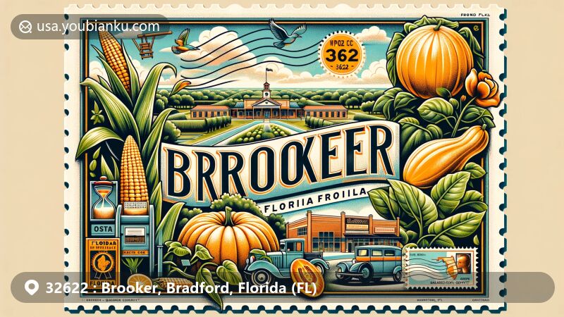 Modern illustration of Brooker, Florida, blending essence of town with postal elements, showcasing agricultural roots with corn, beans, pumpkins, and watermelons, featuring retro postcard theme displaying ZIP code 32622 stamp, stylized town name, and postal patterns of vintage mailbox and mail truck, adorned with Florida symbols - orange blossom (state flower), sabal palm (state tree), and northern mockingbird (state bird), skillfully integrated into image borders, adopting contemporary illustration style for web or digital display, creatively capturing essence of Brooker and its postal heritage.