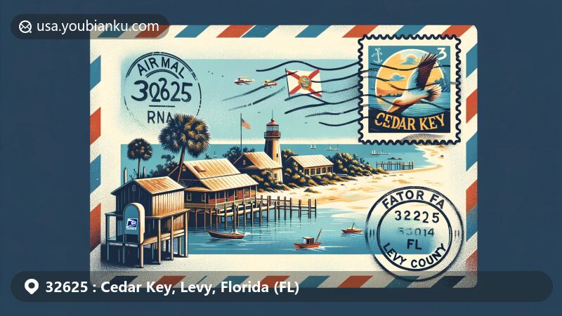 Modern illustration of Cedar Key, Levy County, Florida, featuring postal theme with ZIP code 32625, showcasing historic fishing village allure and island beauty.