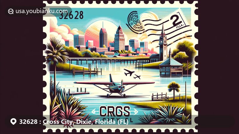 Modern illustration of Cross City, Florida, blending Suwannee River's beauty and Cross City Airport's outline. Postal stamp element with '32628' and 'Cross City, FL' enhances regional charm.