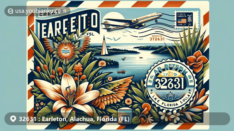 Modern illustration of Earleton, Florida, capturing the essence of ZIP code 32631 with airmail envelope, Lake Santa Fe, and local flora, featuring Florida state flag and vintage postmark.