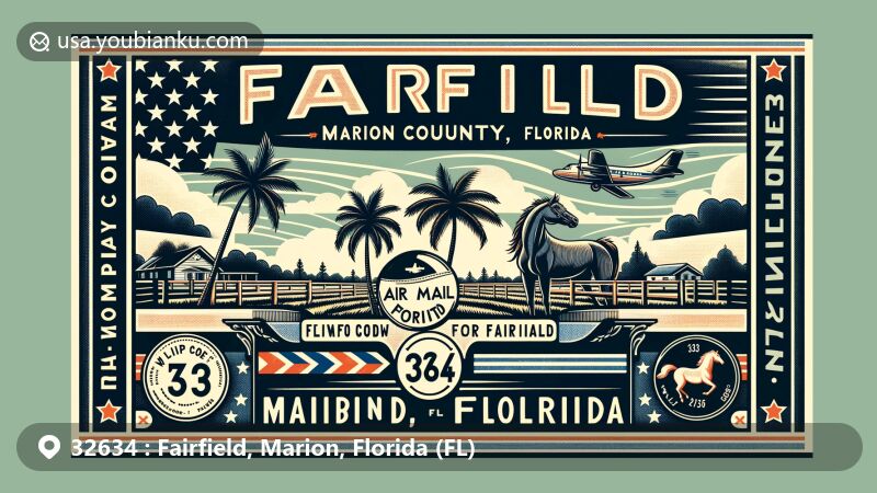 Modern illustration of Fairfield, Marion County, Florida, inspired by vintage postcards, highlighting the ZIP code 32634 and the Horse Capital of the World theme, featuring palm trees, horses, aviation motifs, and bright colors.