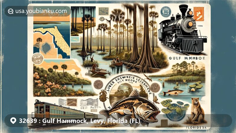 Modern illustration of Gulf Hammock, Florida, showcasing rich wetlands, diverse ecosystems, historical elements like the 1915 Vulcan locomotive, wildlife such as the Florida panther, and popular fishing spots.