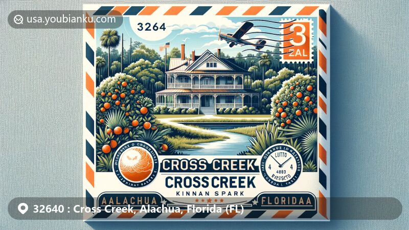 Modern illustration of Cross Creek, Alachua, Florida, featuring air mail envelope design with Marjorie Kinnan Rawlings Historic State Park, orange groves, and lakes, highlighting literary and natural heritage.