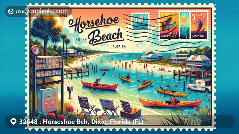 Modern illustration of Horseshoe Beach, Florida, a serene seaside postcard capturing local activities like kayaking and fishing, with postal elements like postmark, mailbox, and Scallop Festival stamp.