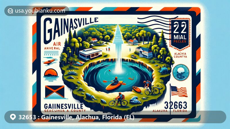 Modern illustration of Gainesville, Alachua County, Florida, blending postal elements with ZIP code 32653, featuring Devil's Millhopper Geological State Park and recreational activities like kayaking and biking.
