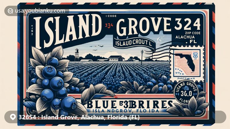 Modern illustration of Island Grove, Alachua, Florida, highlighting Aunt Zelma’s Blueberries farm with ripe blueberry bushes in the foreground, featuring Alachua County outline and Florida state flag.