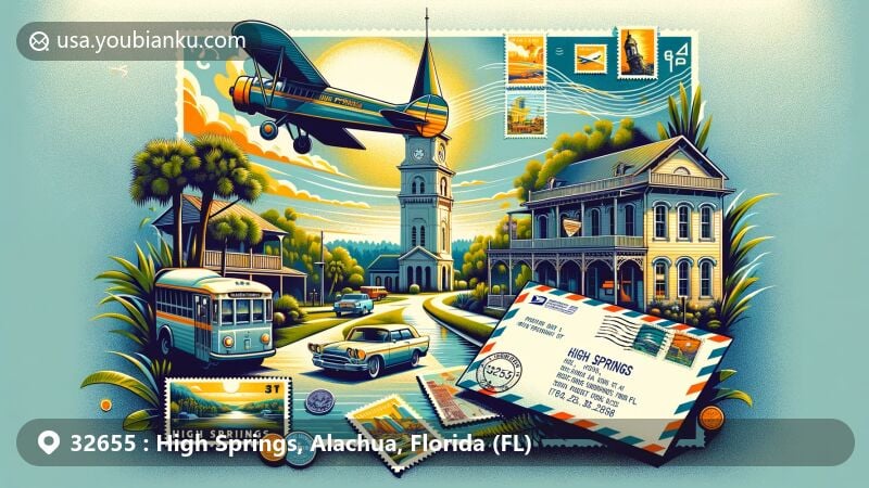 Modern illustration of High Springs, Florida, blending town landmarks and postal motifs with ZIP code 32655, featuring vintage air mail envelope and stamps.