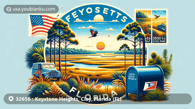Modern illustration of Keystone Heights, Florida, featuring old-growth longleaf pines, scenic sandhills of Mike Roess Gold Head Branch State Park, postal theme with vintage air mail envelope and postage stamp bearing park's image, ZIP Code 32656, state flag of Florida, and blue USPS mailbox.